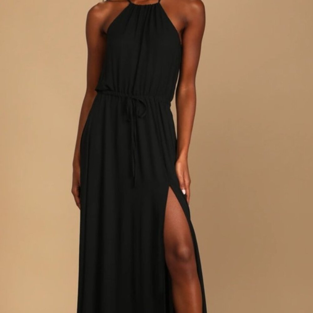 Lulus Essence of Style black high neck dress with tie waist and side slit